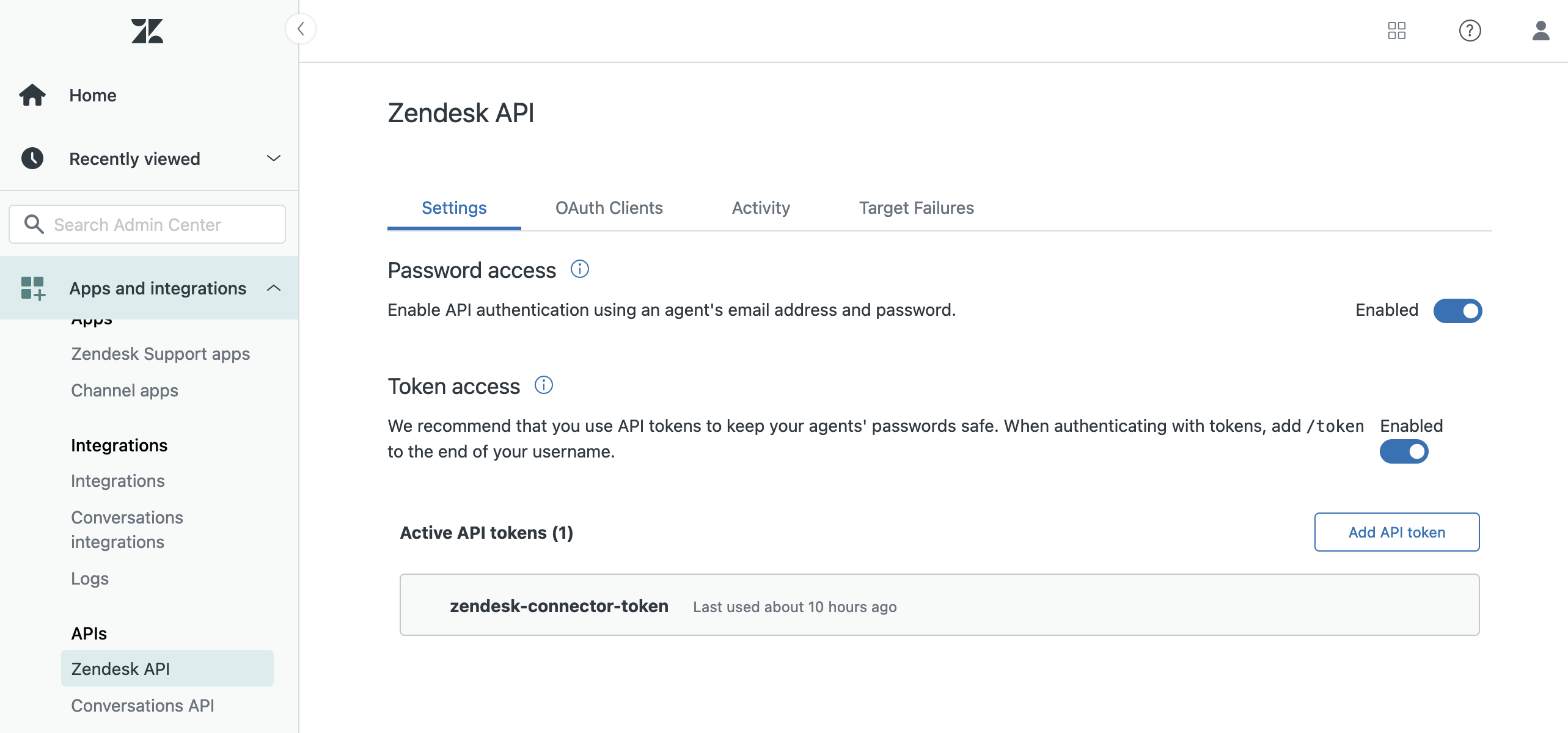 Zendesk API settings screenshot